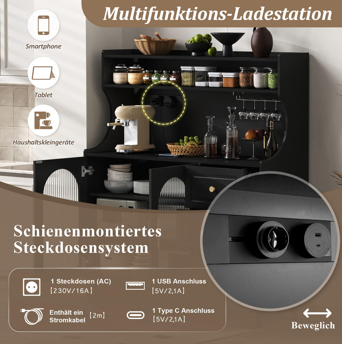 BUFFETSCHRANK 120/40/138,5 cm mit Steckdose, USB- und Typ-C-Anschluss, Gläserhalter und 3 Schubladen aus MDF, Schwarz - Schwarz, Holzwerkstoff (120/138.5/40cm) - Redom