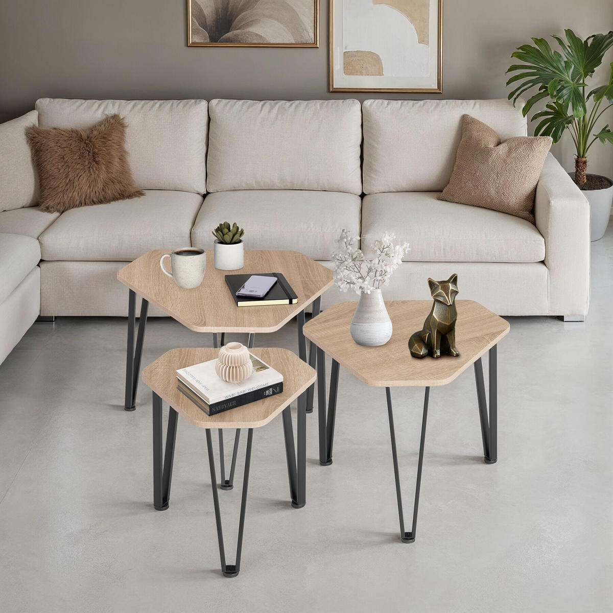 BEISTELLTISCH-SET Torquay,stapelbar,Industrial Holz hell, Eiche Sonoma - Naturfarben, Holzwerkstoff (58.7/52/45.5cm) - tectake