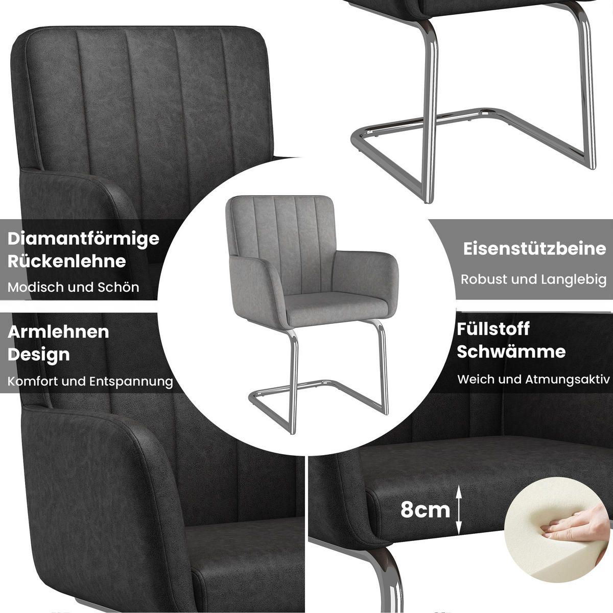 ESSZIMMERSTÜHLE 2er Schwarz Kunstleder Metallbeine modern - Schwarz, Leder (57/86/56cm) - FLIEKS