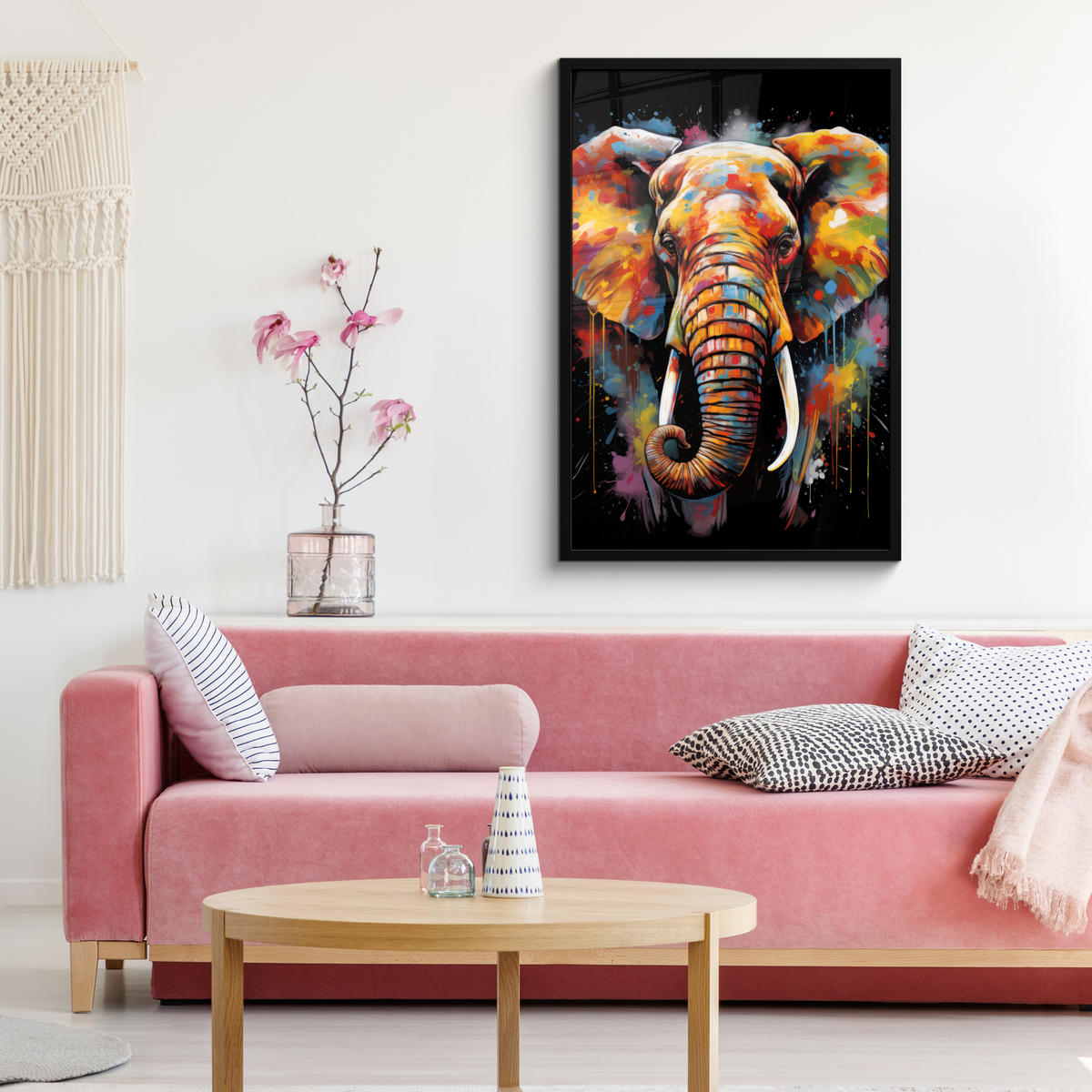 POSTER MIT RAHMEN Elefant - Graffiti - Schwarz - Tiere - Farben 60x90 cm - Schwarz, Papier (60/90cm) - MuchoWow