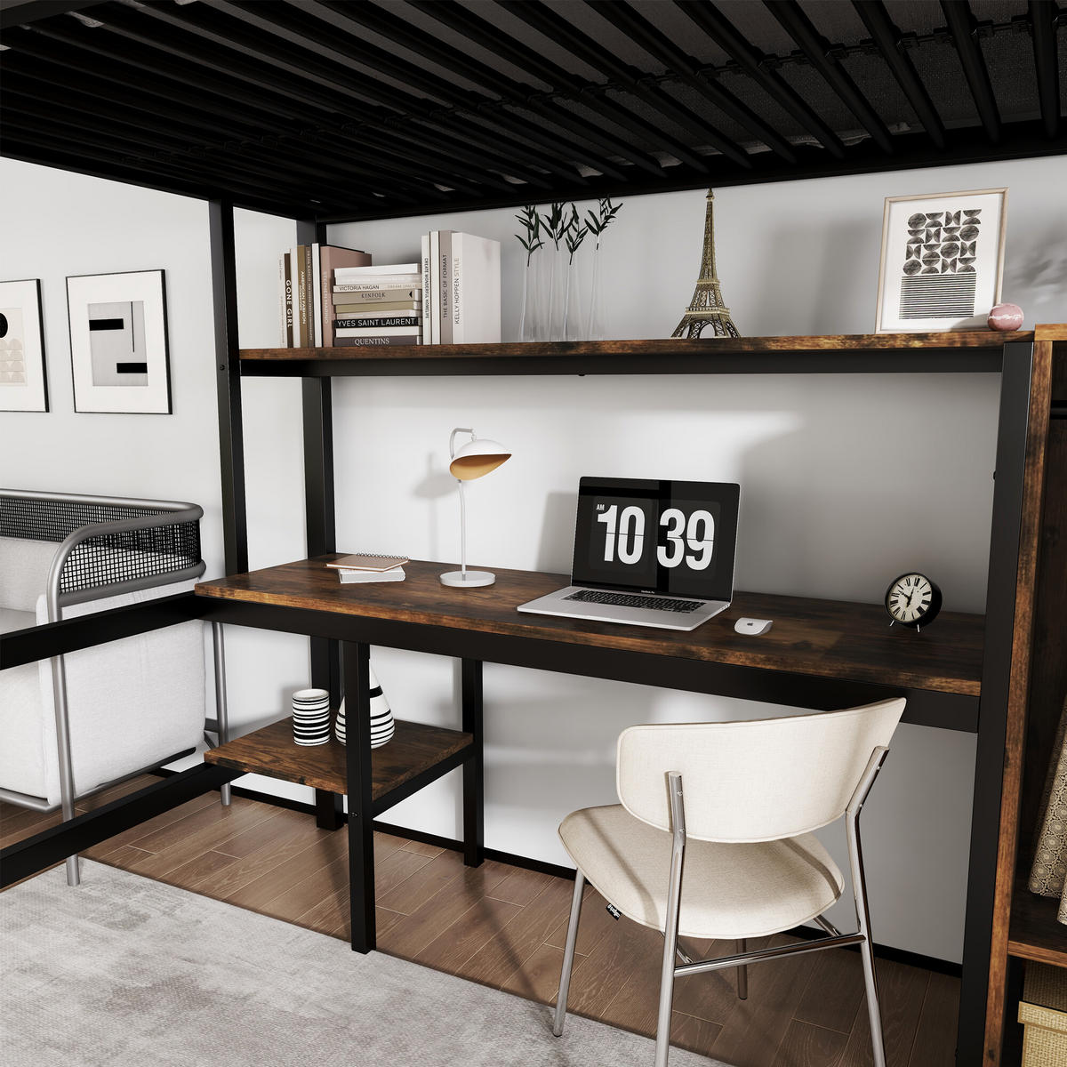 HOCHBETT Mit Bücherregalen, Schreibtisch und Kleiderschrank Schwarz - Schwarz, Holzwerkstoff/Metall - Urban Meuble