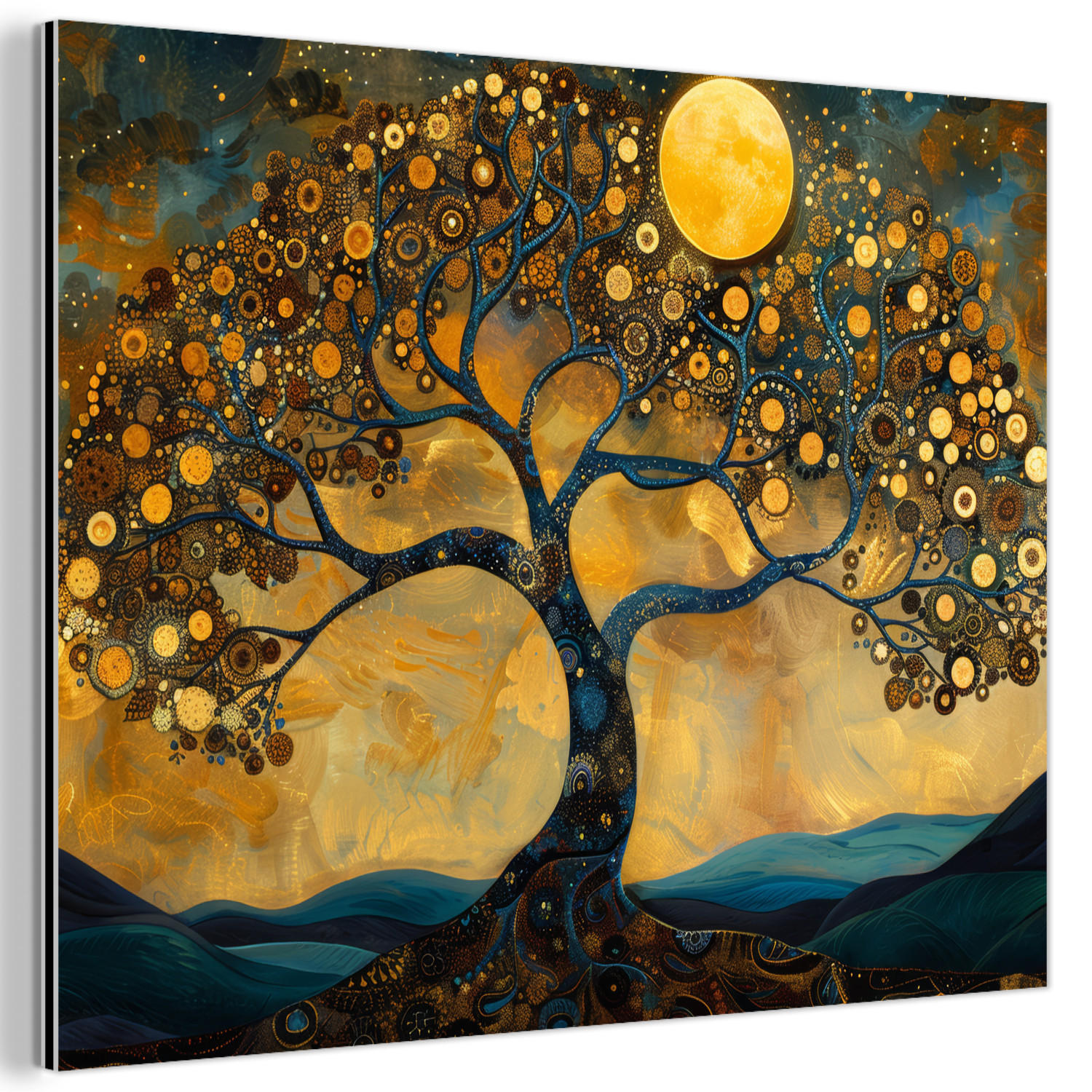METALLBILD Baum - Mond - Blumen - Gold - Kunst 80x60 cm - Orange, Metall (80/60cm) - MuchoWow