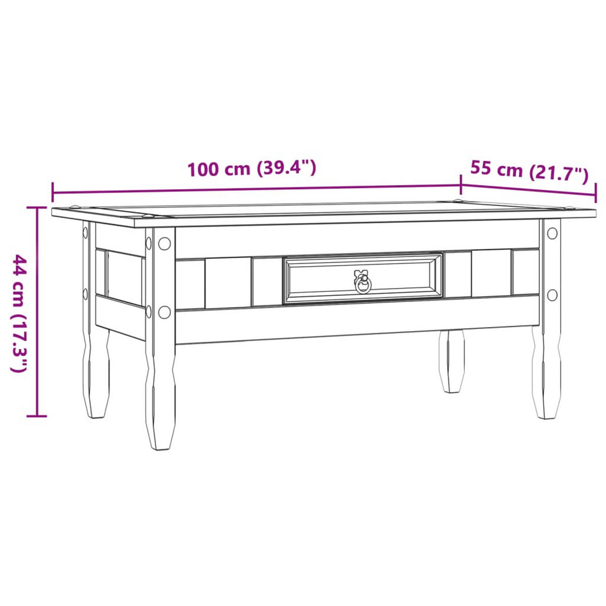 COUCHTISCH Mexikanischer Stil 100/55/44 cm aus Kiefernholz Braun mit 1 Schublade - Braun, Holz (55/100/44cm) - vidaXL