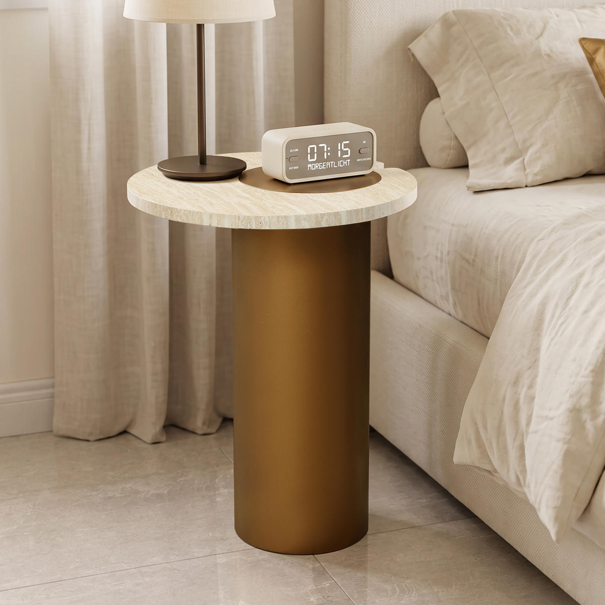 BEISTELLTISCH Holz Rund mit Travertin-Optik, 56 cm hoch - Braun, Holzwerkstoff (40/40/56cm) - Hometopia