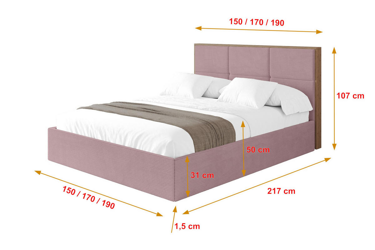 POLSTERBETT mit Bettkasten und Lattenrost, Bett mit Matratze H3/H4 - LILA 140x200 Rosa - Rosa, Holzwerkstoff/Textil (140/200cm) - ALTDECOR