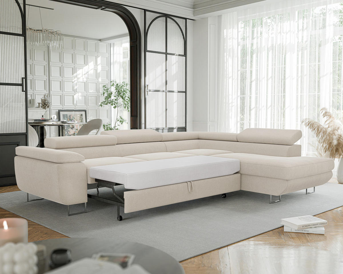 ECKSOFA ANTON mit Schlaffunktion und Bettkasten Creme - Creme, Holzwerkstoff/Kunststoff (274/203cm) - Idohome