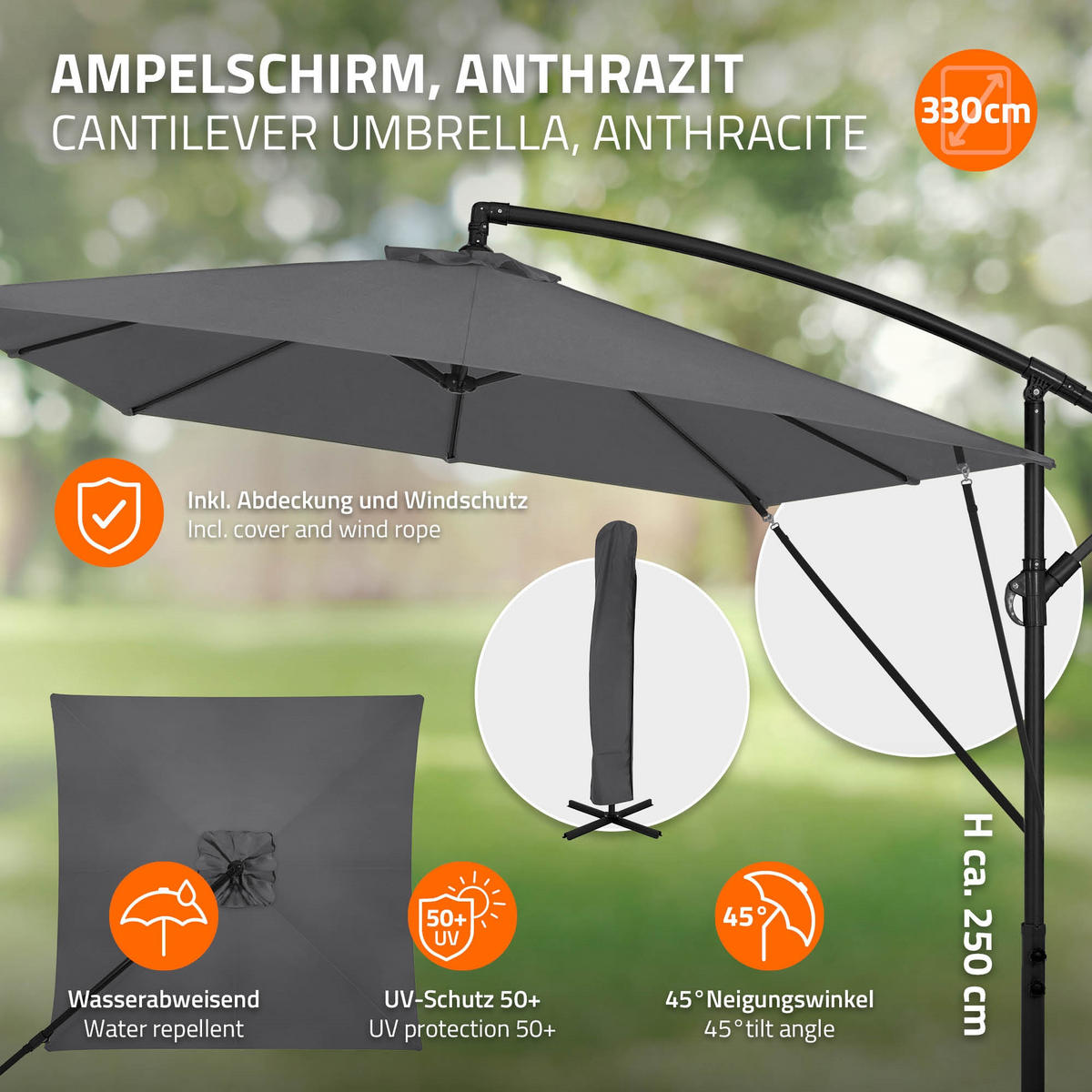 AMPELSCHIRM Ø 330 cm in Anthrazit aus Aluminium - Anthrazit, Metall (330/330cm) - ML-DESIGN