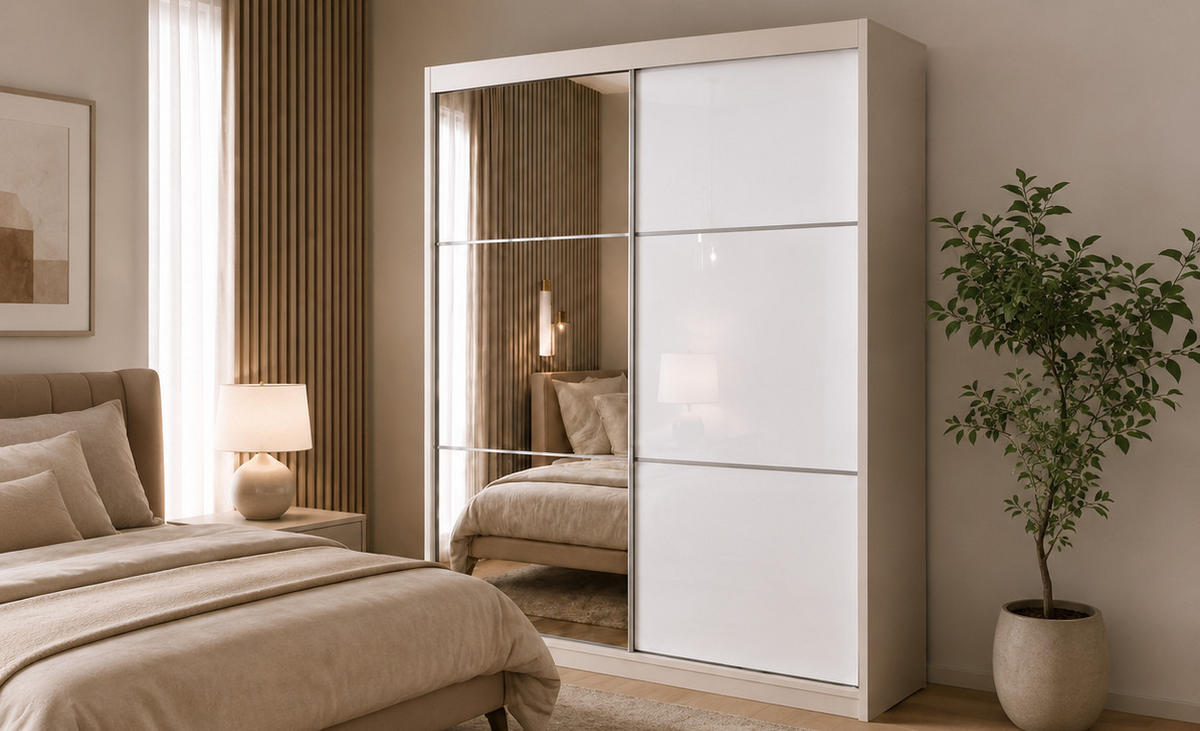 SCHWEBETÜRENSCHRANK Vena 120 cm mit Spiegel 2-türig, kaschmir, lacobel weiß - Kaschmir/Weiß, Holz/Kunststoff (120/216/61cm) - Margaret Hadas24