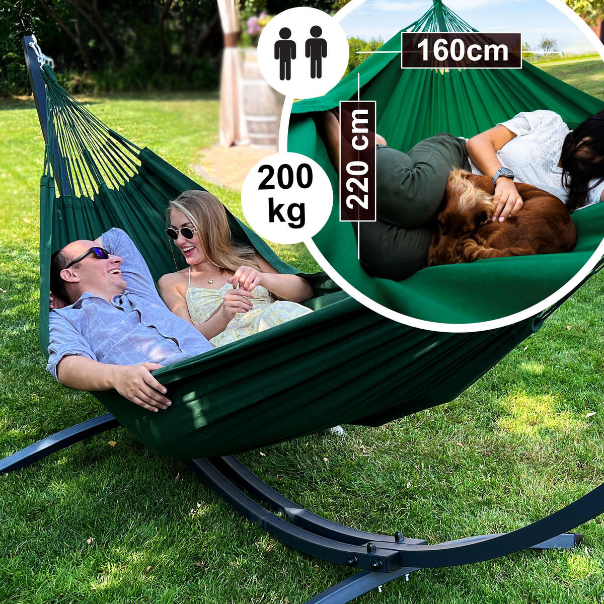 HÄNGEMATTE mit Gestell, 2 Personen, XXL, Tytan Rahmen bis 350 kg, Metall, Merida Grün, einfache Montage - Grün, Metall (370/130/120cm) - Potenza