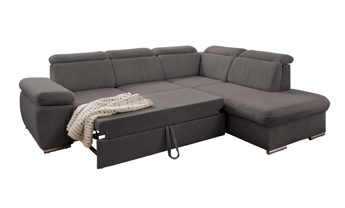 ECKSOFA mit Schlaffunktion, Bettkasten, Kopfstützen verstellbar, Wellenunterfederung, Ottomane rechts B283/T228/H102 cm, Cord Grau Anthrazit / 17217 - Chromfarben/Schieferfarben, Textil/Metall (283/228cm) - luma-home