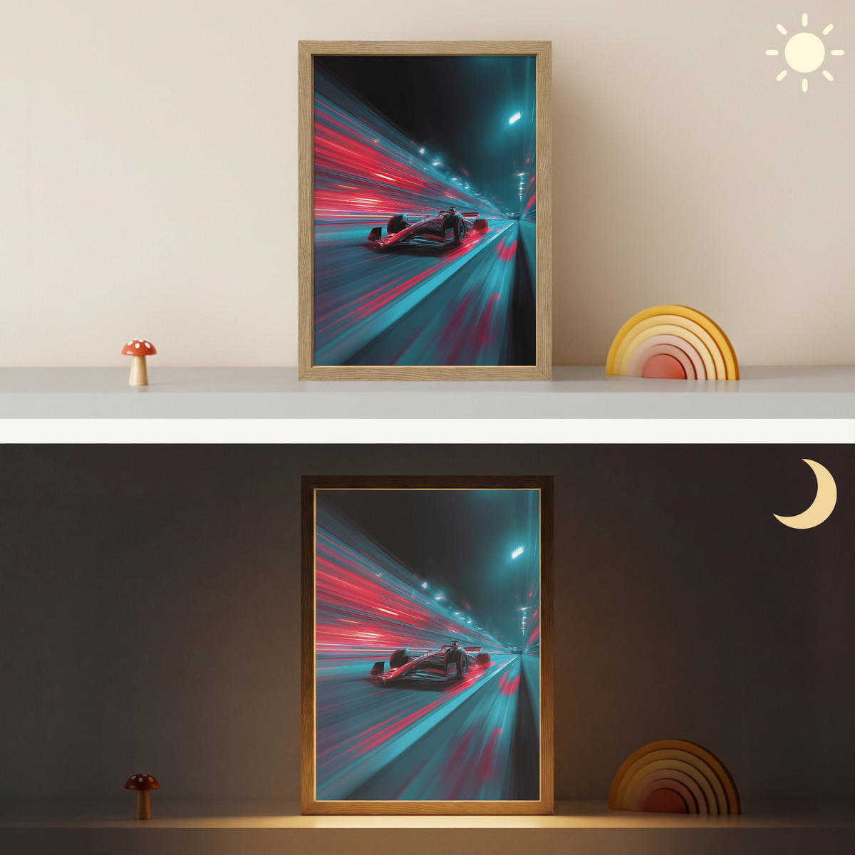 NÁSTĚNNÁ LAMPA S AKUMULÁTOREM Závodní auto - Červená - Rychlost 30x40 cm - tyrkysová, kompozitní dřevo (30/40/8cm) - OnlyWow