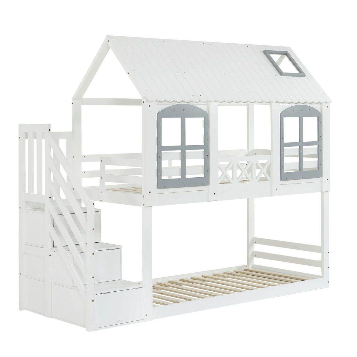 ETAGENBETT 90/200 cm mit Dach, Fenstern, Stauraumtreppe und Fallschutz, Kiefer/MDF, Weiß/Grau - Weiß, Holzwerkstoff (90/200cm) - Redom