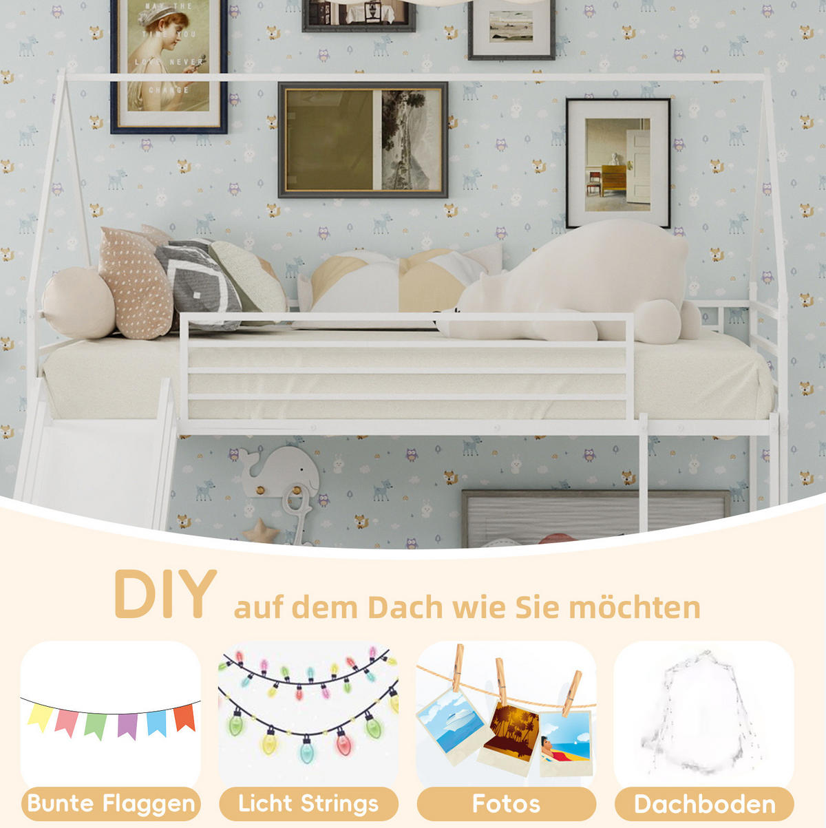 ETAGENBETT 90/200 cm mit Rutsche, Leiter und Spielhausdesign, Weiß - Weiß, Metall (90/200cm) - Redom