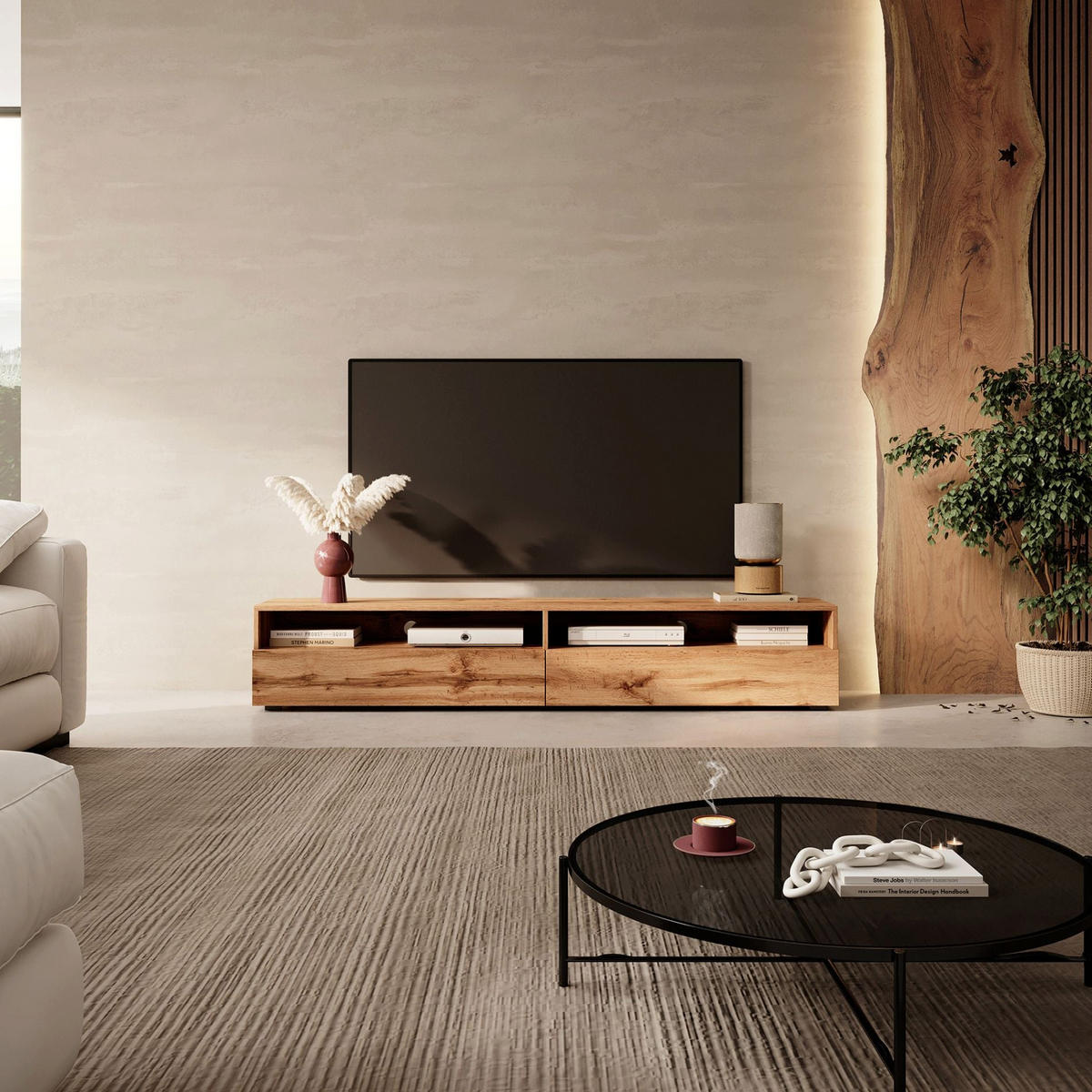 TV-LOWBOARD Rednaw mit LED Holzoptik Eiche 180 cm - Eichefarben/Eiche Wotan, Holzwerkstoff (180/30/31cm) - Selsey