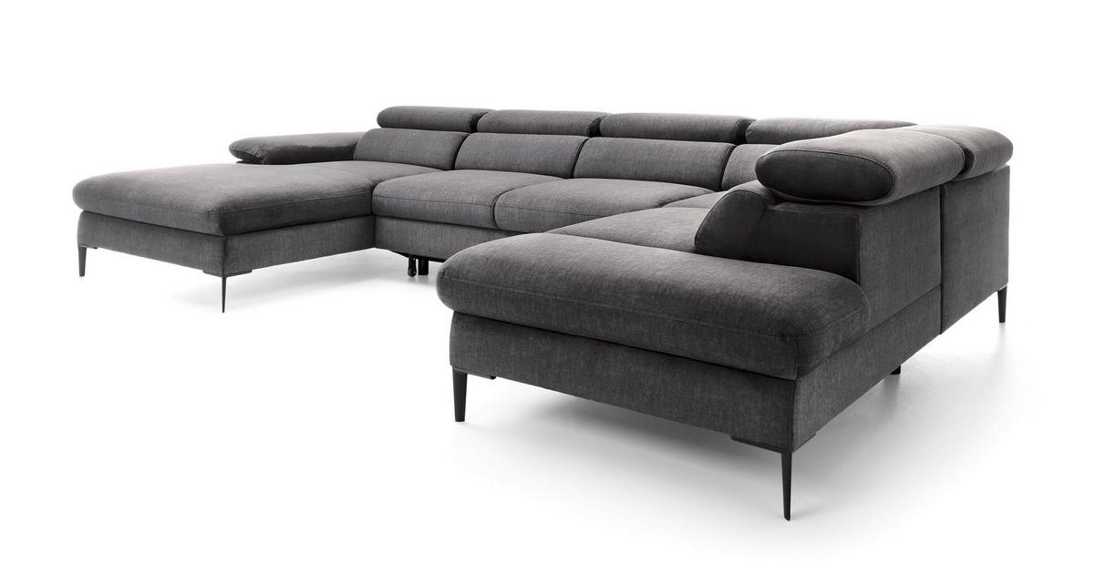 WOHNLANDSCHAFT MESTO Grau Velours-Stoff mit Schlaffunktion - Grau, Holz (353/94/182cm) - MASSENO