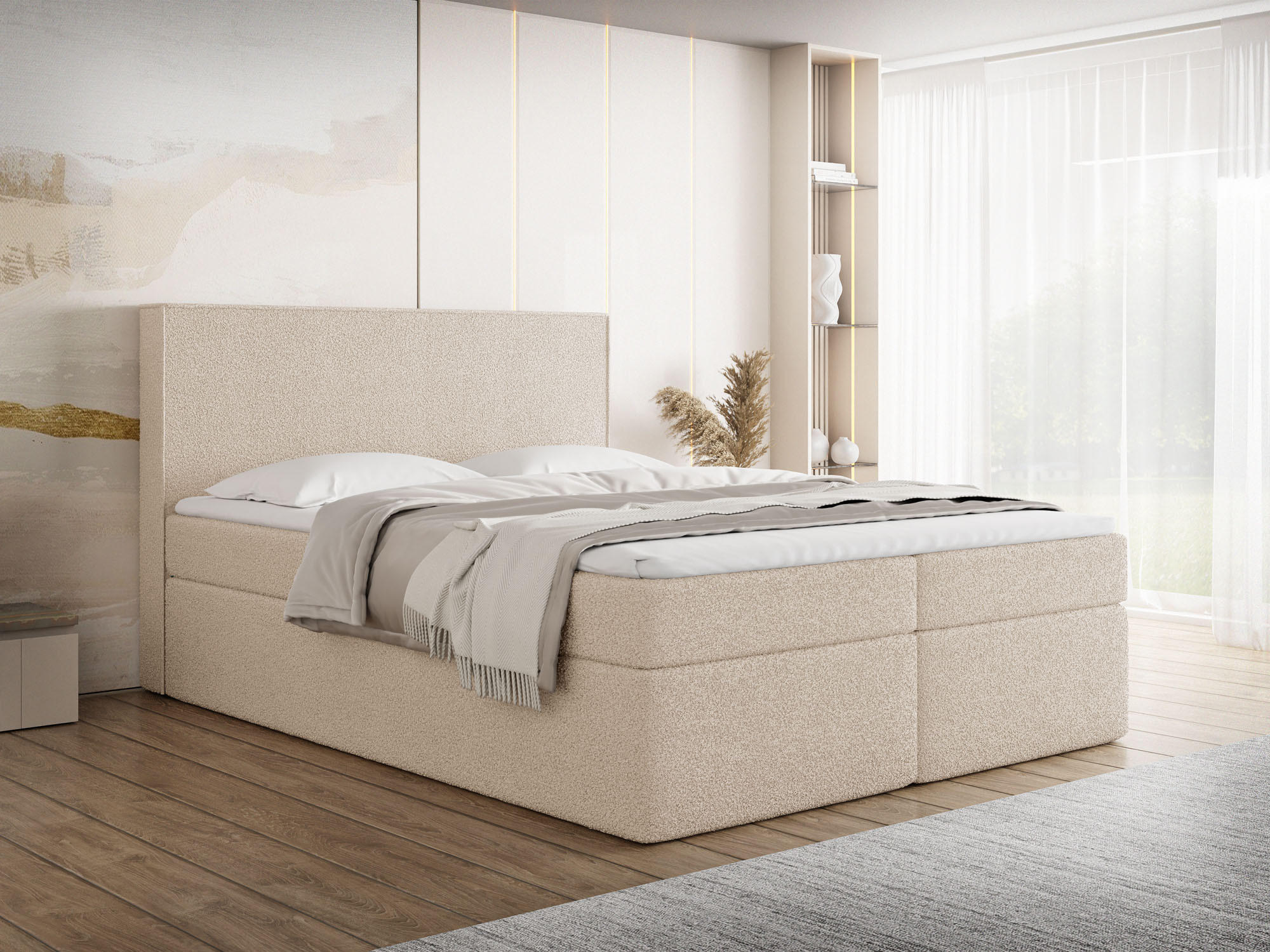 BOXBETT Terra mit Bettkasten, Beige Boucle 120x200 cm – inkl. H4 Matratze und H2 Visco Topper - Beige, Holzwerkstoff/Kunststoff (120/200cm) - WFL GROUP