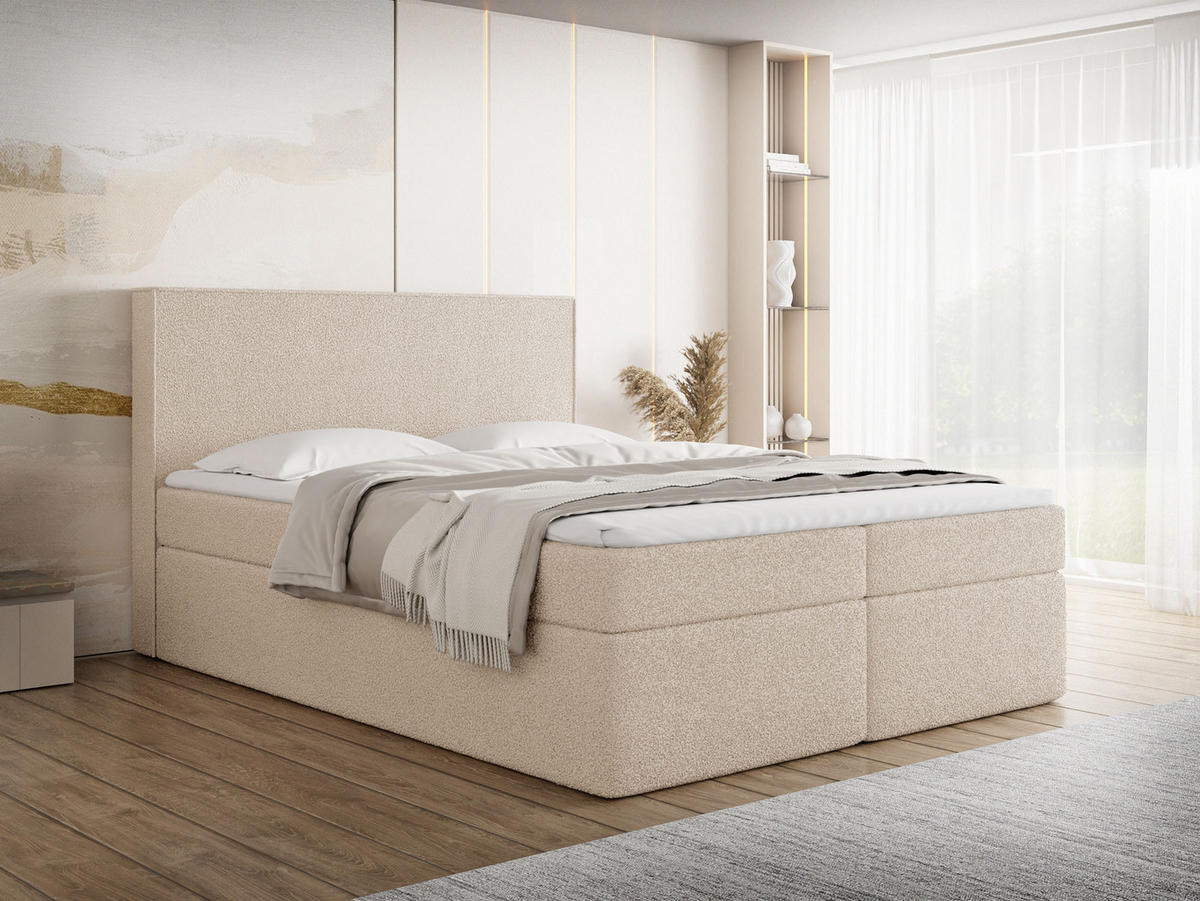 BOXBETT Terra mit Bettkasten, Beige Boucle 120x200 cm – inkl. H4 Matratze und H3 Foam Topper - Beige, Holzwerkstoff/Kunststoff (120/200cm) - WFL GROUP