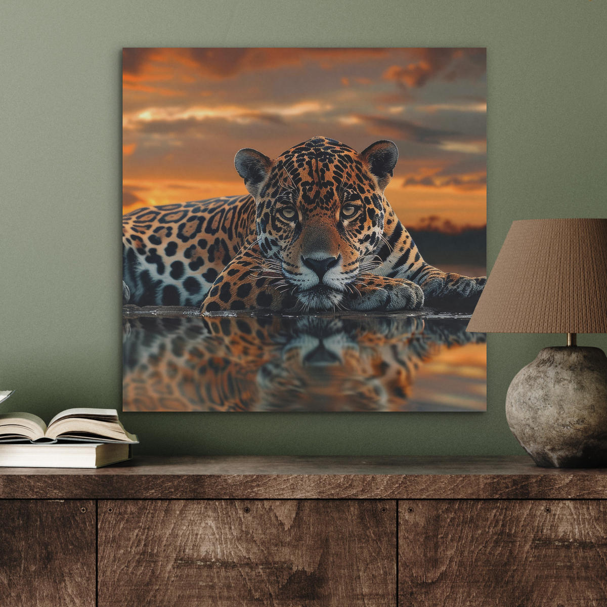 AKUSTIKBILD Natur - Leopard - Tier - Sonnenuntergang - Modern Wandbilder 60x60 cm - Orange, Kunststoff (60/60/0.9cm) - MuchoWow