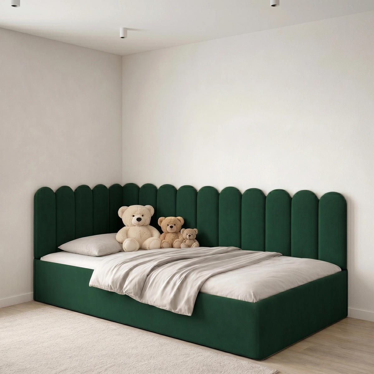 JUGENDBETT Junior Dunkelgrün Samtvelours mit Wandpaneelen - 120x200 cm - Bettkasten - Dunkelgrün, Holzwerkstoff/Textil (120/200cm) - Ravio