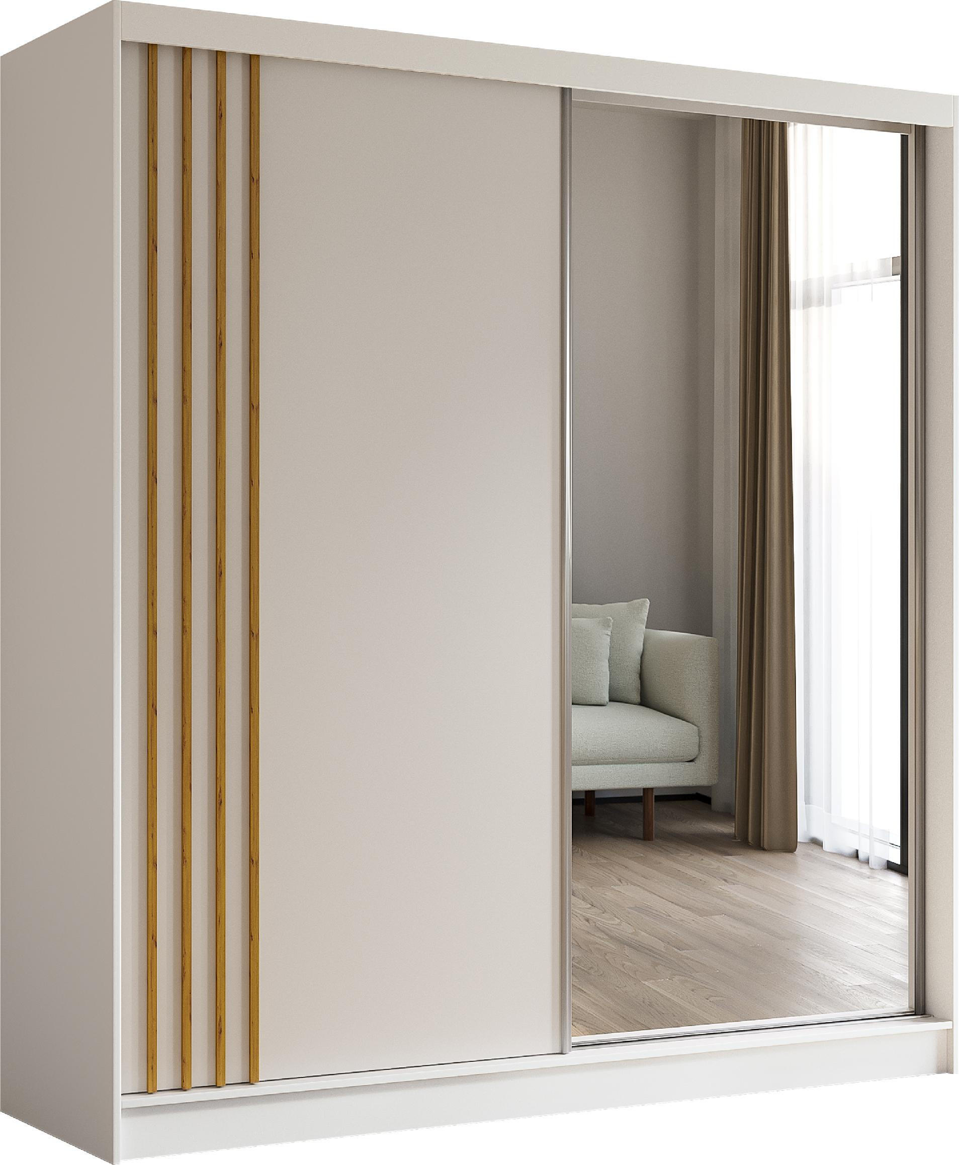 SCHWEBETÜRENSCHRANK Neli 200 cm mit Lamellen und Spiegel 2-türig, weiß, weiß, Lamelle Artisan - Weiß/Braun, Kunststoff (200/216/61cm) - Margaret Hadas24