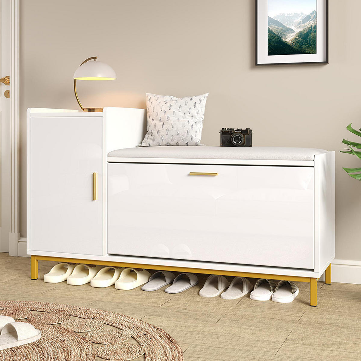 SCHUHBANK in 100x38x68cm mit 2 Fächern 1 Schrank,Weiß + Gold - Weiß, Holzwerkstoff (38/68/100cm) - KOMHTOM