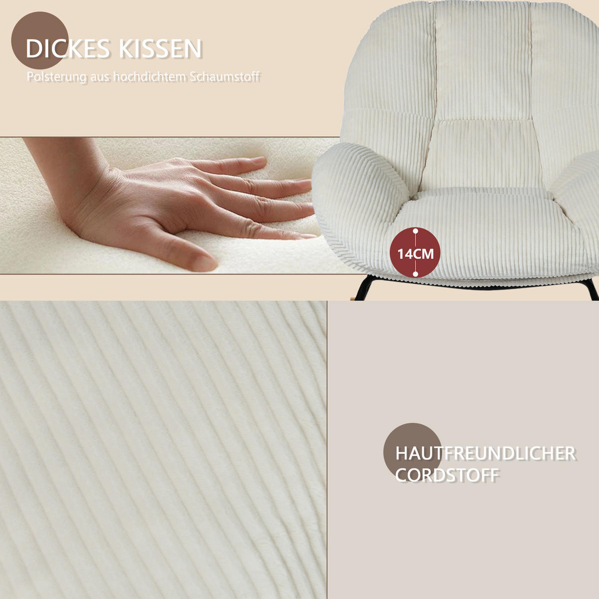 SCHAUKELSTUHL Relaxsessel Gepolstert Mit Cord-Bezug In Grau - Hellgrau, Textil (79/84/111cm) - Meubles Cosy
