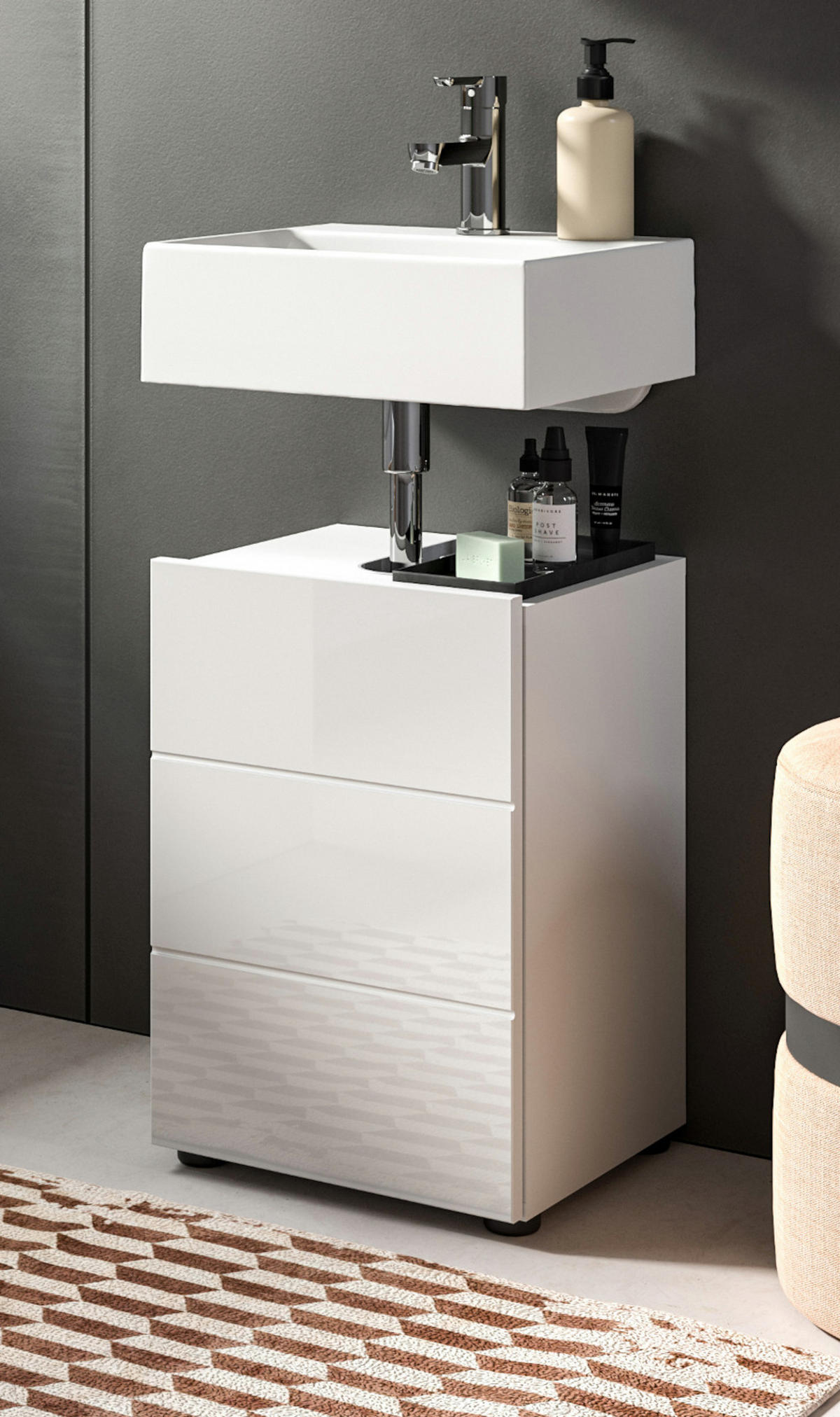 WASCHBECKENUNTERSCHRANK weiß Hochglanz 38 cm, Badezimmer Unterschrank 1-türig - Weiß Hochglanz/Schwarz, Holzwerkstoff/Kunststoff (38/56/34cm) - Inn.Furn