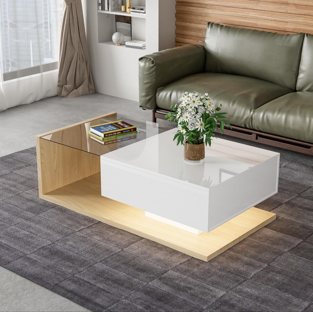 COUCHTISCH 105/55 cm mit Glasplatte und LED-Beleuchtung in Weiß/Holzoptik - Weiß, Holzwerkstoff (105/55/32.5cm) - Flora Grace