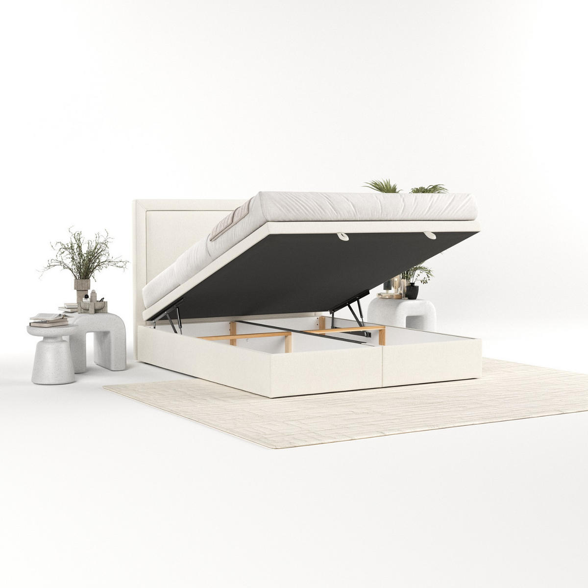 POLSTERBETT Salma mit Stauraum 180/200 cm Creme im Megan Stoff - Creme/Schwarz, Holz/Holzwerkstoff (180/200cm) - AltaBeds