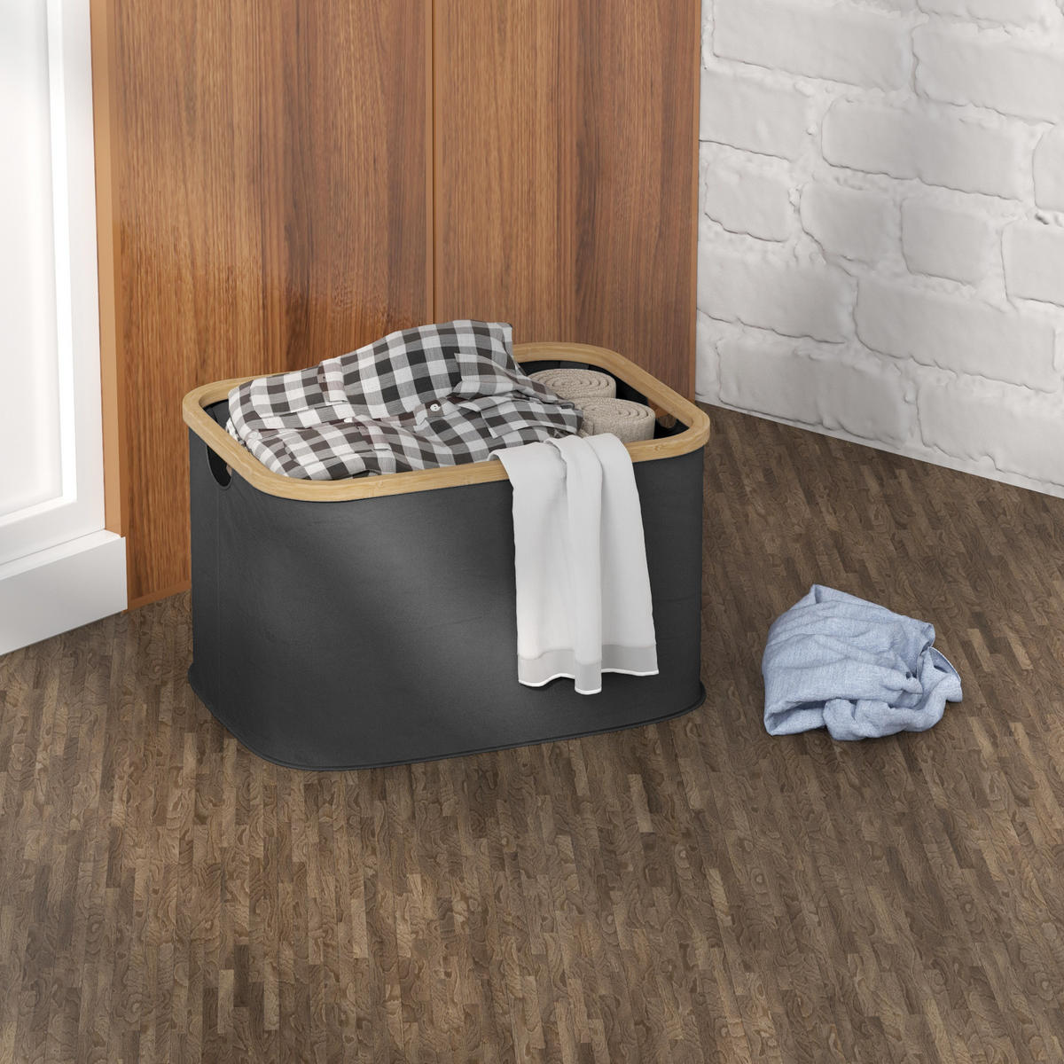 WÄSCHEKORB DE-18805 klappbar, 36L mit Bambusgriffen Schwarz - Schwarz, Textil (44.3/26.5/33.3cm) - ComfortXL