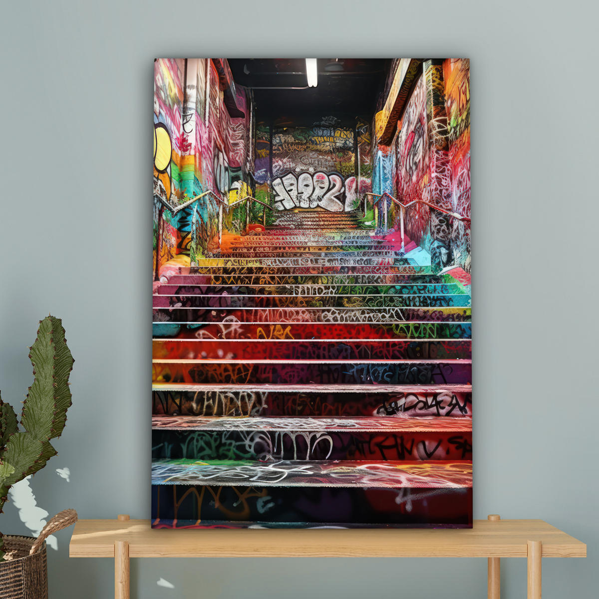 LEINWANDBILD Treppe - Graffiti - Farben - Kunst Wanddeko Schlafzimmer 60x90 cm - Multicolor, Textil (60/90cm) - MuchoWow
