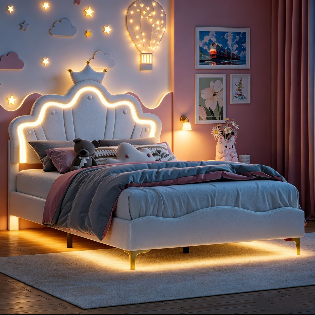 KINDERBETT 140/190 cm Weiß,LED-Jugendbett mit Verstellbarem Kronen-Kopfteil,PU-Polsterbett - Weiß, Holz/Textil (140/190cm) - PARAFTA HOME
