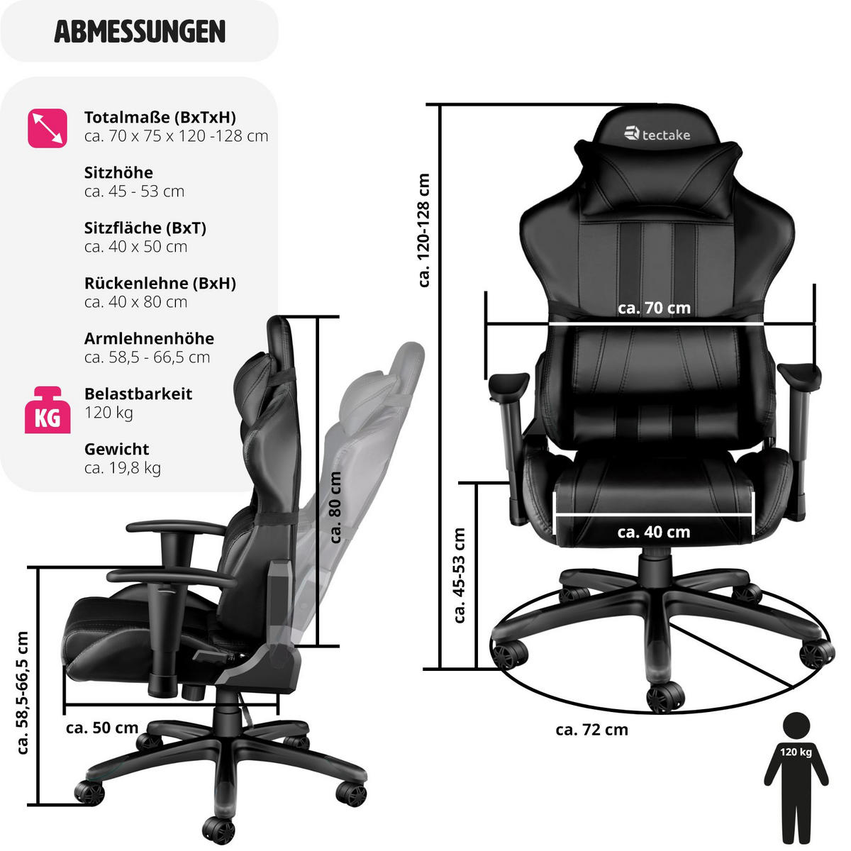 RACING GAMING STUHL ,Belastbarkeit 120 kg,schwarz - Schwarz, Leder (70/135.5/75cm) - tectake
