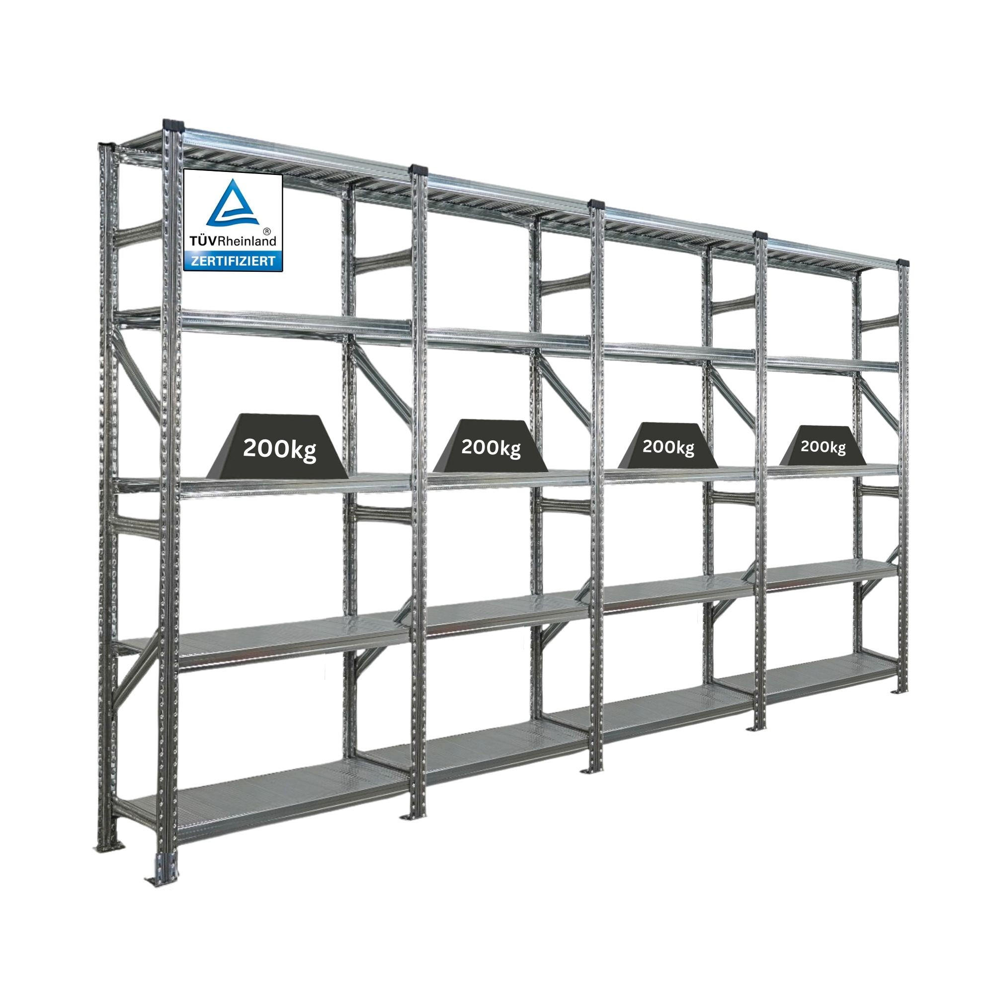 FACHBODENREGAL Proximo Stecksystem 200x360x50cm 5 Ebenen Fachlast 200 kg Beidseitig nutzbar Verzinkt - Silberfarben, Metall (360/200/50cm) - PROREGAL