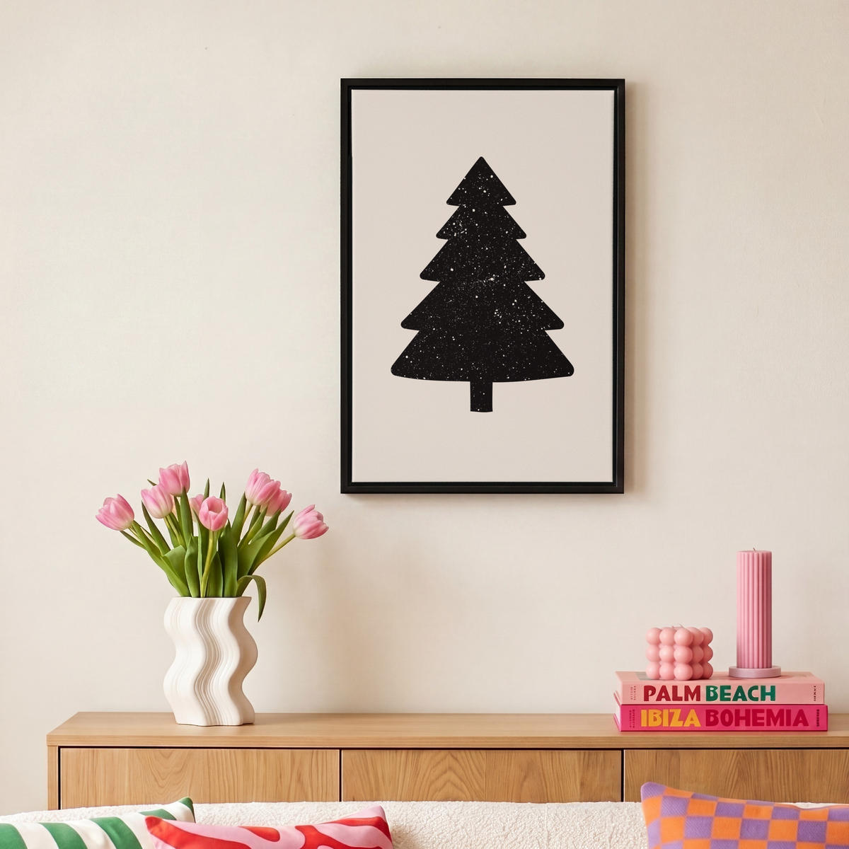 LEINWAND Bilder mit Rahmen - Weihnachtsbaum - Schwarz - Urlaub - Beige - 20x30 - Schwarz, Textil (20/30cm) - MuchoWow
