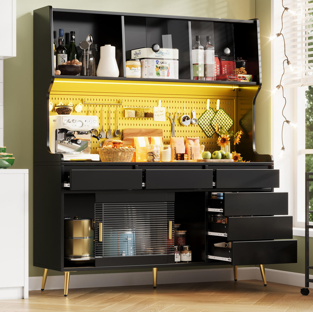 BUFFET 145/39/171 cm in Schwarz mit LED-Beleuchtung und Schiebetüren - Schwarz, Holzwerkstoff (145/171/39cm) - Flora Grace