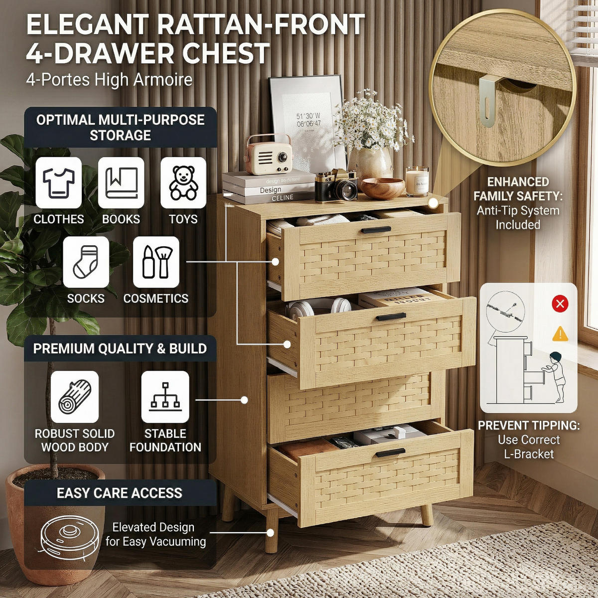 KOMMODE Japandi mit 4 Schubladen in Rattan-Optik 55/40/95 cm Eiche-Dekor - Eichefarben, Holzwerkstoff (55/95/39.8cm) - Creahappy