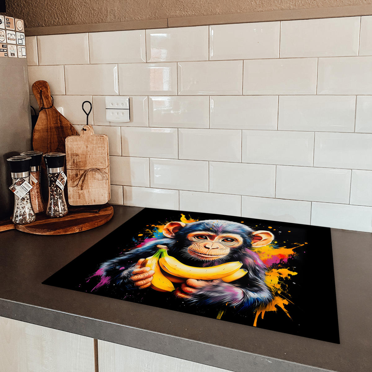 HERDABDECKPLATTE Affe - Graffiti - Farbenfroh - Bananen - Modern 65x52 cm - Gelb, Kunststoff (65/0.2/52cm) - MuchoWow