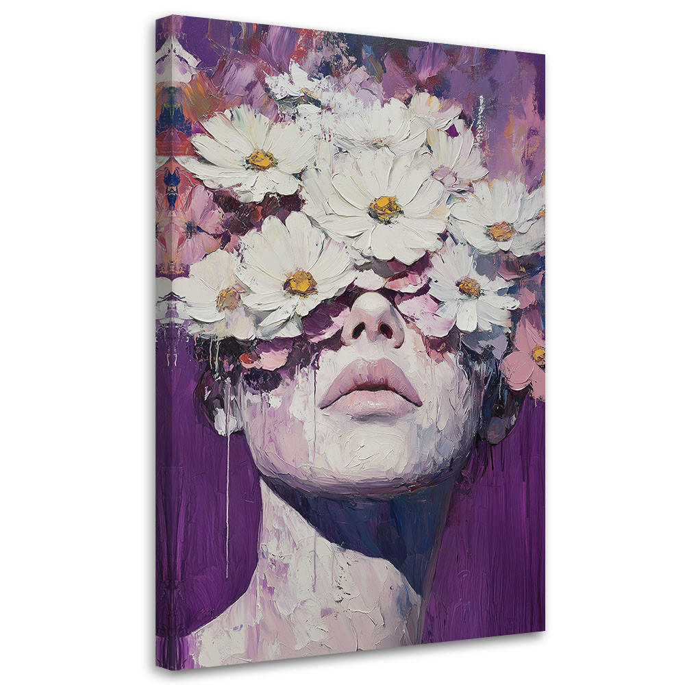 WANDBILD ein mädchen mit blumen auf dem kopf als wären sie gemalt - Lila, Textil (80/120cm) - Feeby