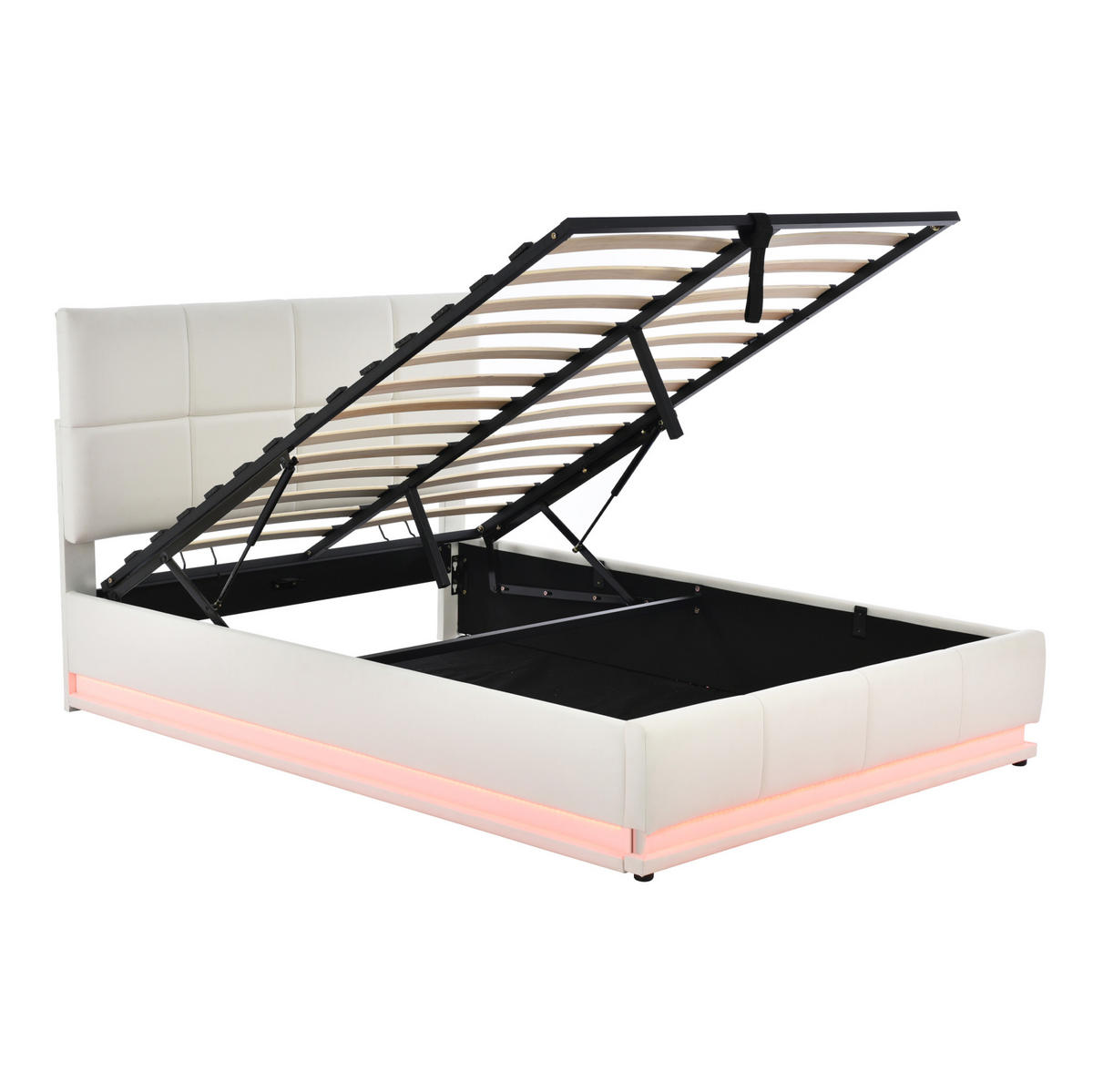 POLSTERBETT 140/200 cm mit LED-Beleuchtung, hydraulischem Bettkasten und Lattenrost, Kunstleder, Weiß - Weiß, Textil (140/200cm) - Redom