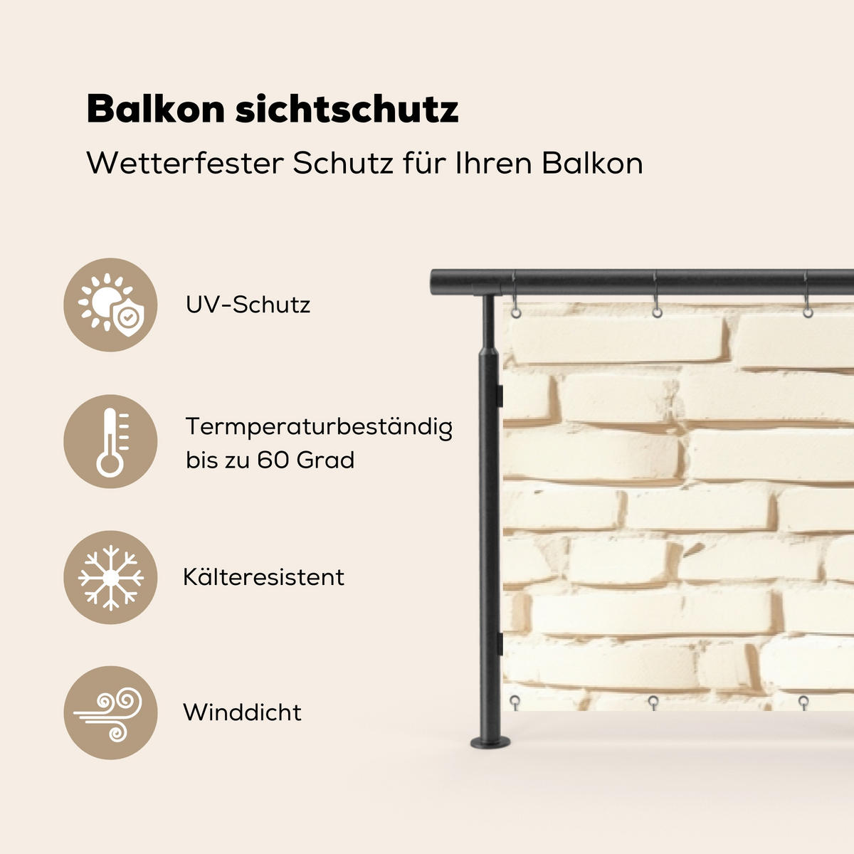 BALKON-SICHTSCHUTZ Ziegel - Wand - Licht - Weiß - Creme, Kunststoff (500/75cm) - MuchoWow