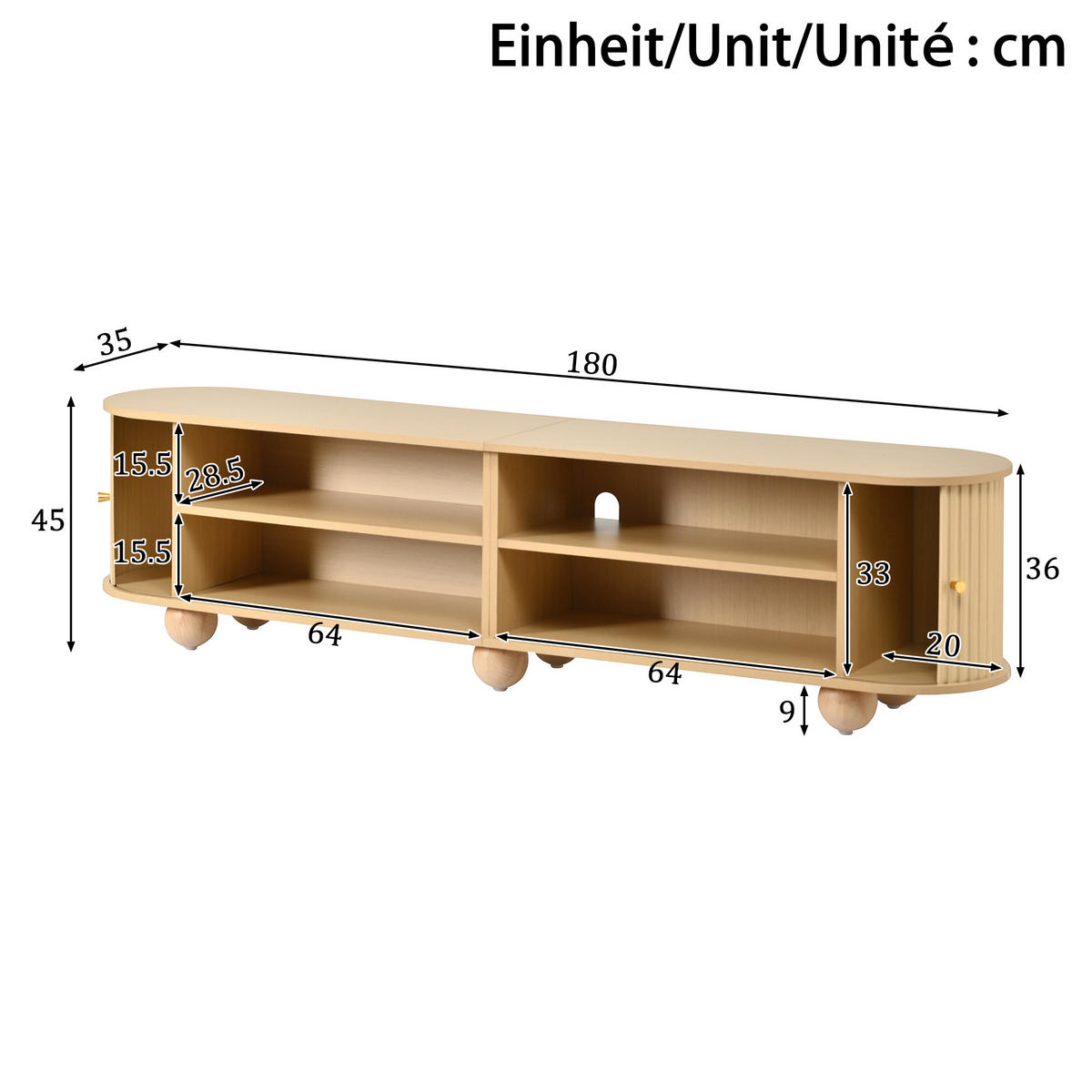 TV-LOWBOARD Rund Rillenoptik Schiebetüren Retro Kugelfüße - Naturfarben, Holzwerkstoff (180/45/35cm) - FLIEKS