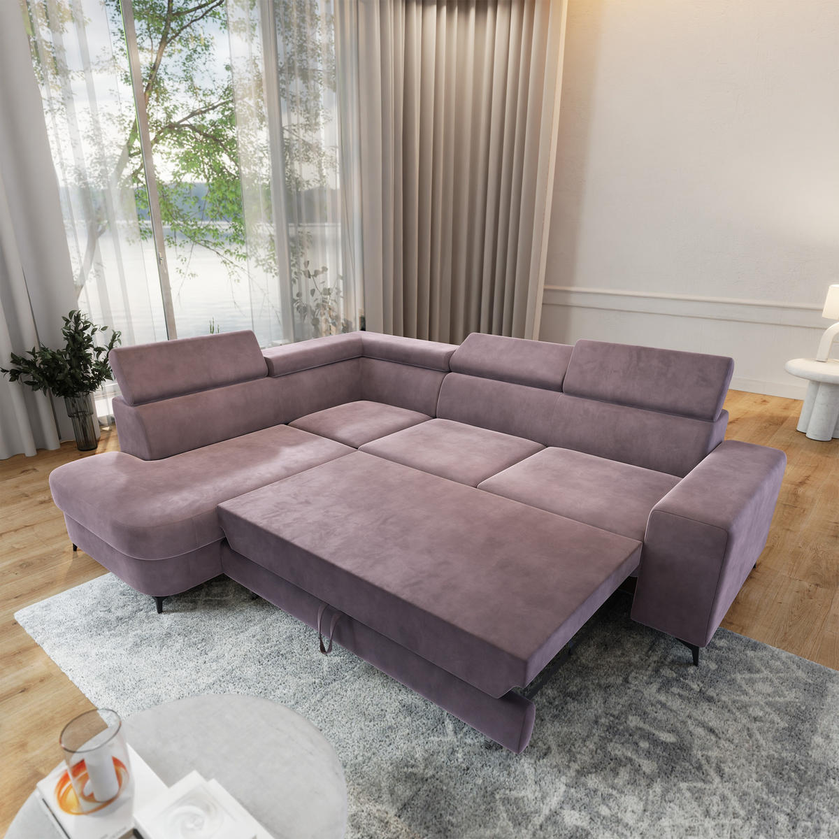 ECKSOFA ALVORO L-S Lila Velours-Stoff mit Schlaffunktion - Lila, Holz (253/190cm) - MASSENO