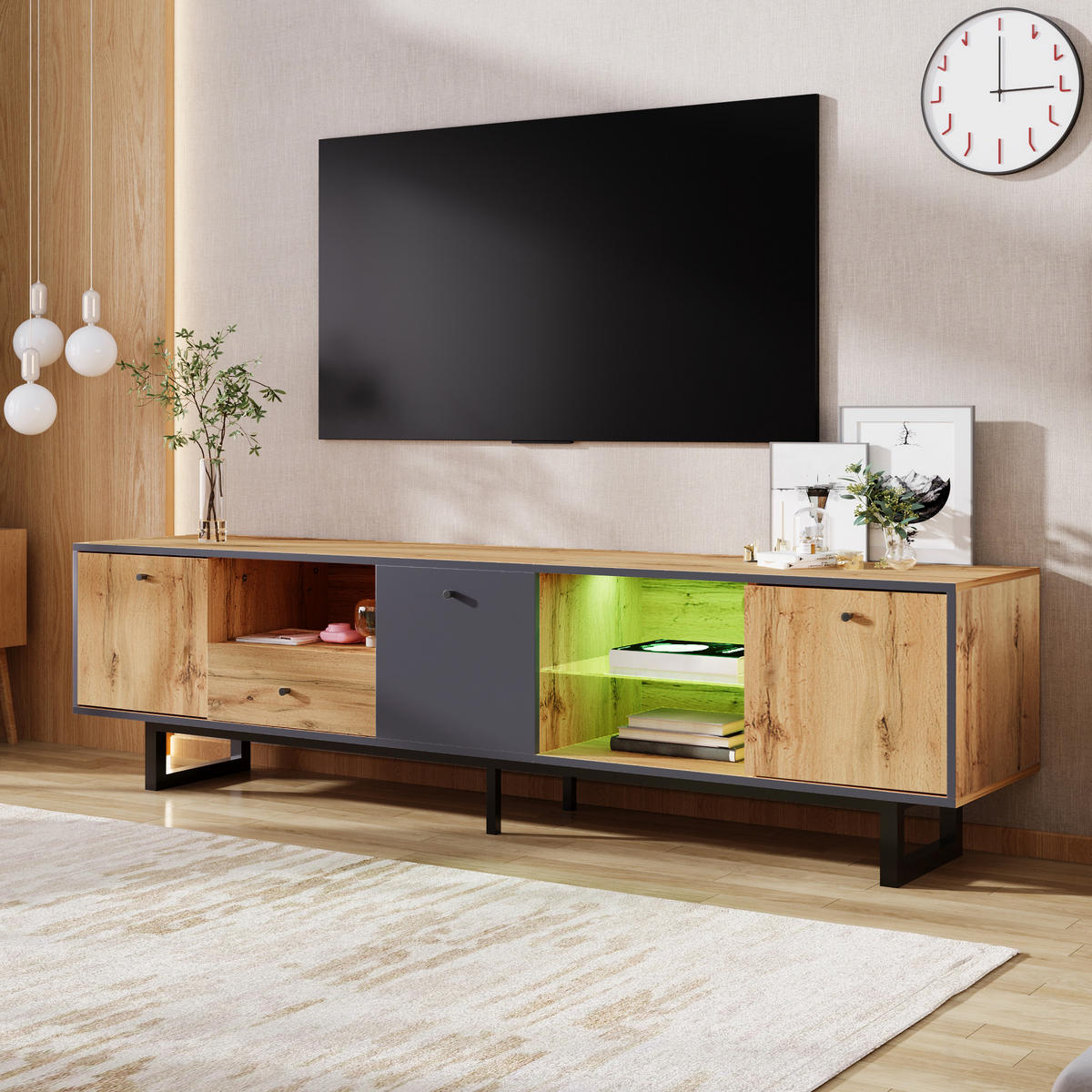 TV-LOWBOARD in Holz/Anthrazit mit LED und Glasböden 190/40/50 cm - Eichefarben, Holzwerkstoff (190/50/40cm) - Redom