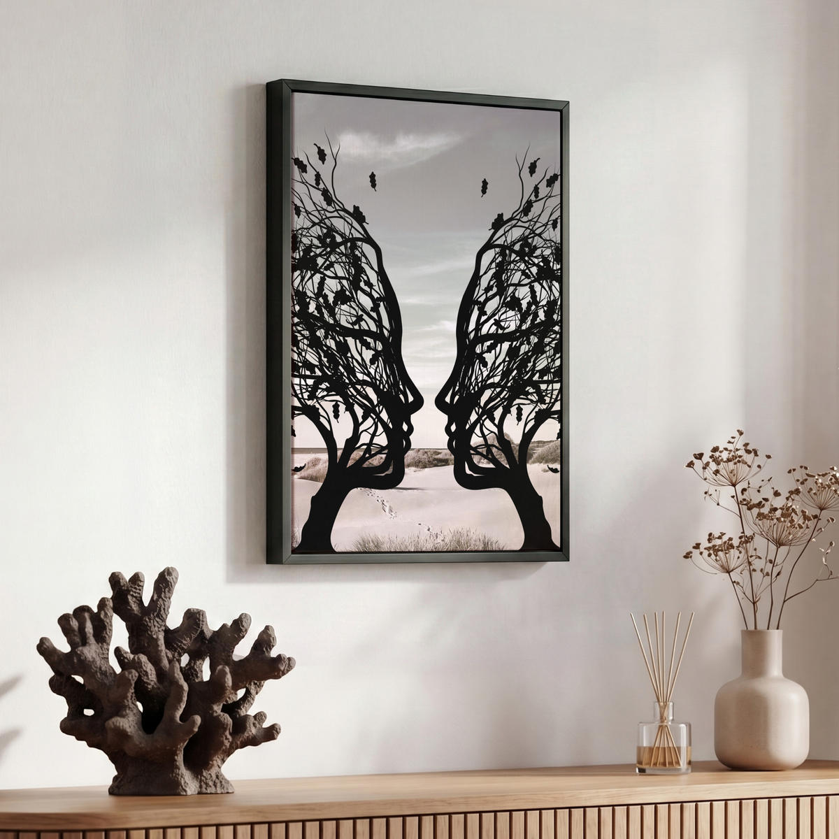 LEINWAND Bilder mit Rahmen - Strand - Meer - Menschen - Baum - Moderne Kunst - 30x40 - Hellgrau, Textil (30/40cm) - MuchoWow