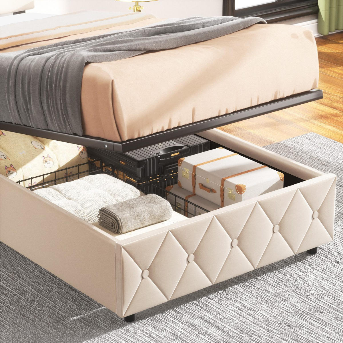 POLSTERBETT 90/200 cm Beige mit hydraulischem Stauraum aus Samt - Beige, Holzwerkstoff (90/200cm) - OKWISH