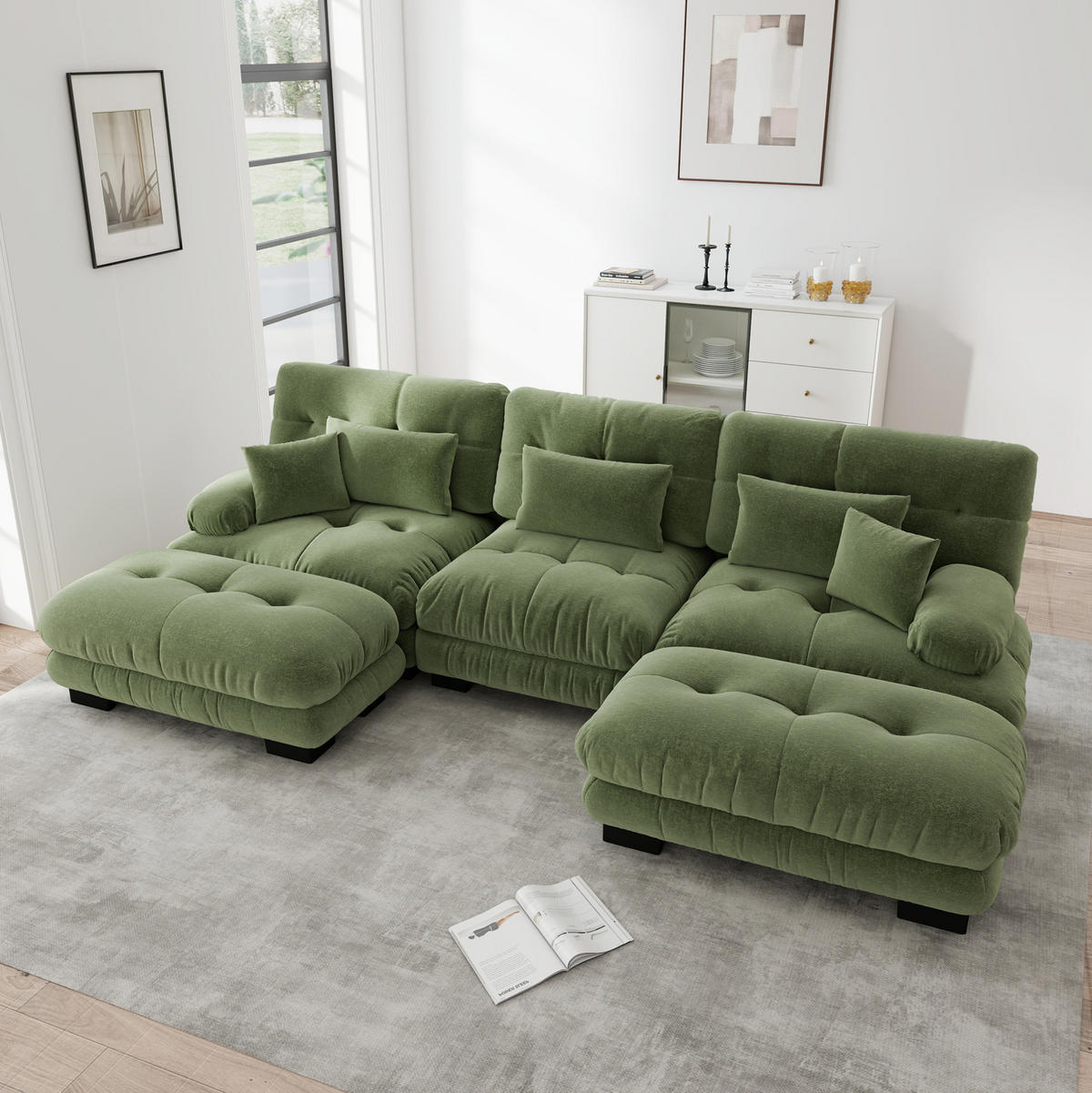 SOFA modular Chenille Green mit Ottomans - Grün, Kunststoff (145/81/313cm) - Meubliv