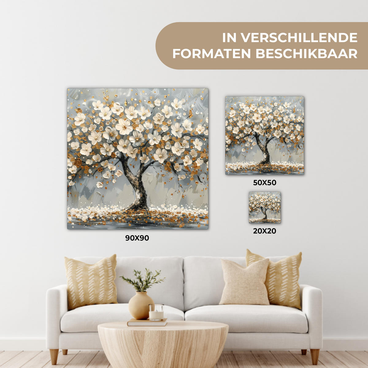 LEINWANDBILD Baum - Blumen - Weiß - Natur - Kunst Deko Groß 90x90 cm - Weiß, Textil (90/90cm) - MuchoWow
