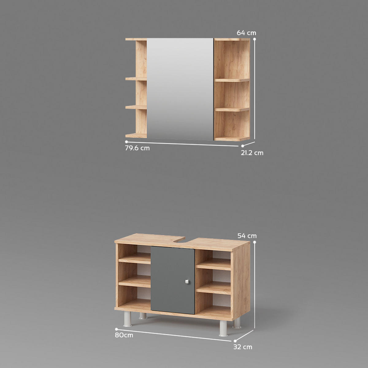BADMÖBEL-SET Fucino Goldkraft Eiche 2 Teile, Unterschrank 80 cm - Anthrazit/Eiche Wotan, Holzwerkstoff (80/64/32cm) - Livinity®