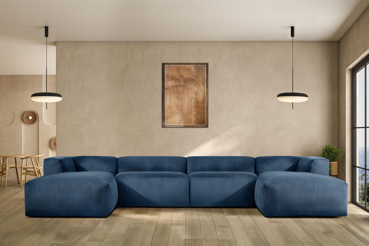 PANORAMA-ECKSOFA BUFFO 7/8 Sitzer mit extrem weicher Sitzfläche, Kordstoff, marineblau - Blau/Grün, Textil (424/73/180cm) - KONSIMO®